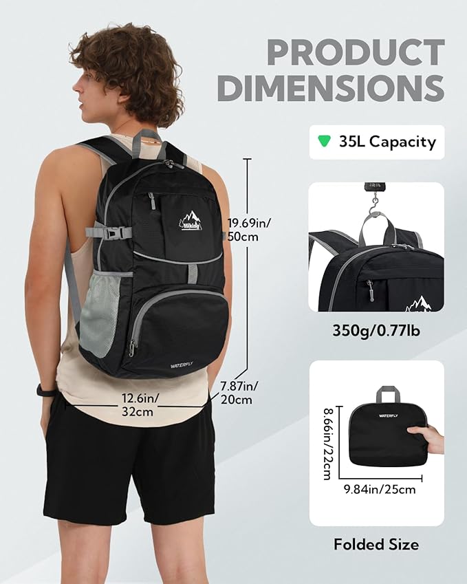 WATERFLY Hiking Foldable Daypack Backpack: 25/35L Ultra Lightweight Packable Waterproof Outdoor Travel Day Pack for Women Men
