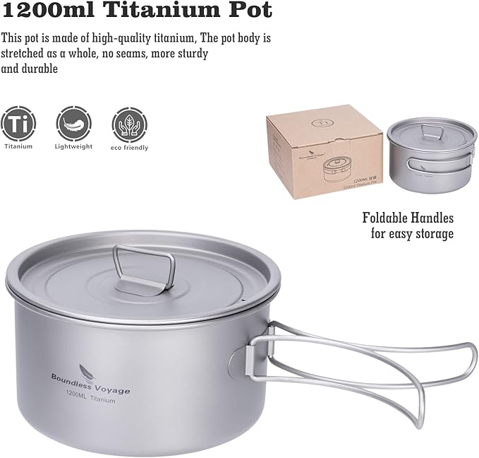 Boundless Voyage Titanium Pot Portable Camping Cookware Lightweight Cooking Pot Set for Outdoor Cooking Traveling Backpacking Hiking Trekking Picnic
