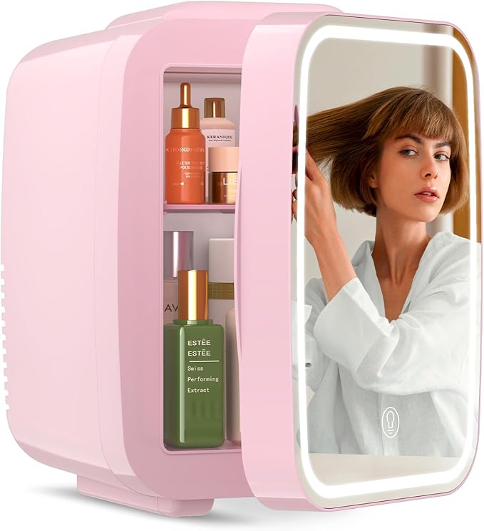 Skincare Fridge with Dimmable LED Light Mirror,4 Liter/6 Can Mini Fridge Skincare for Bedroom,Office, Car, Dorm,Cooler and Warmer, Portable Mini Fridge for Skin Care, Cosmetics, Food,Pink