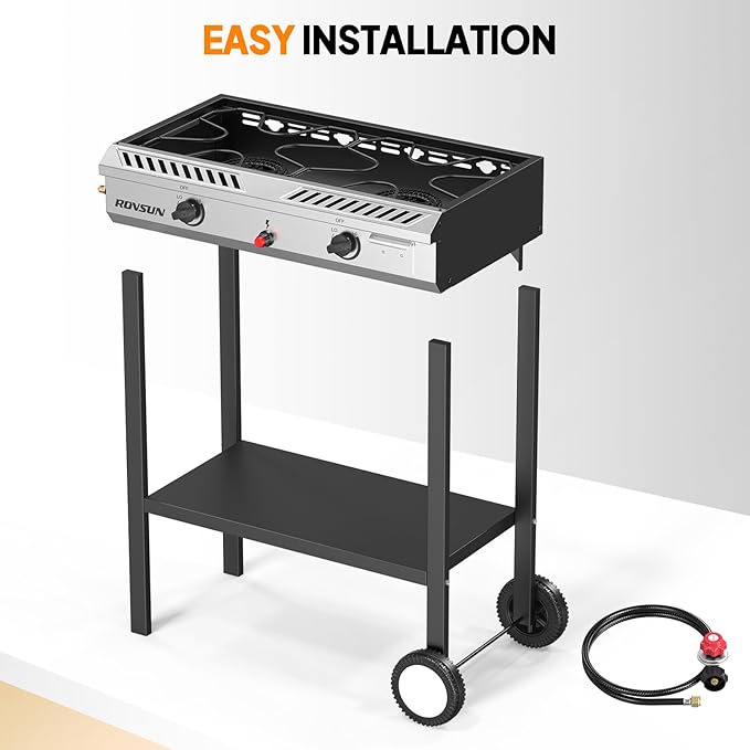 ROVSUN 2 Burner Outdoor Propane Gas Stove with Auto-ignition, Regulator & Shelf, 150,000 BTU Powerful Stand Cooker for Backyard Patio Cooking Home Brewing Canning Turkey Frying