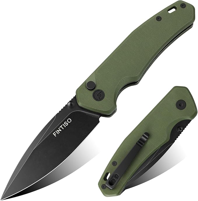 FINTISO Pocket Knife, 3" 14C28N Steel Blade G10 Handle Small EDC knife with Button Lock, Sharp Folding Knife with Pocket Clip for Camping, Survival, Hunting
