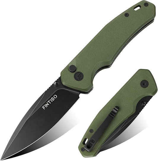 FINTISO Pocket Knife, 3" 14C28N Steel Blade G10 Handle Small EDC knife with Button Lock, Sharp Folding Knife with Pocket Clip for Camping, Survival, Hunting
