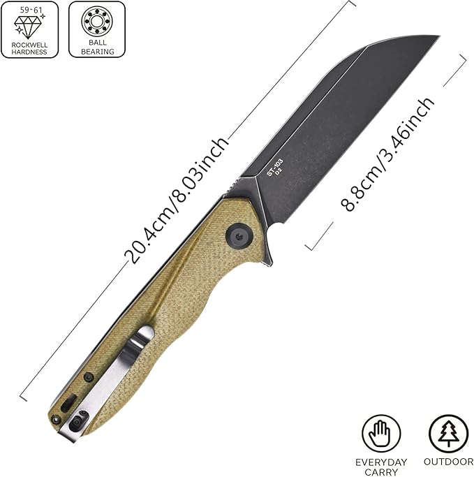 Sitivien ST103 Folding Knife, D2 Steel Blade,Micarta Handle EDC Tool Knife for Outdoor, Camping, Hunting, Survival(Green)