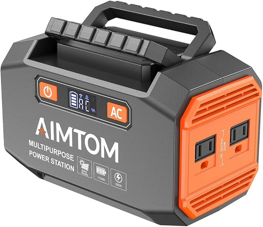 AIMTOM Portable Power Station 173Wh Lithium Battery, 200W AC Outlet (250W Surge), 18W USB-C, 2x USB-A, 2x 12V DC Outputs, LED Flashlight ??Ideal for Camping, Travel, Emergency Backup, RV, Home Use