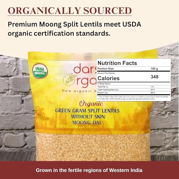 Darsa Organics Yellow Moong Dal (Split Yellow Mung Beans) 2 lb - USDA Organic, Non-GMO, Chemical-Free, Kosher - Protein-Rich Yellow Lentils for Khichdi, Soups, Salads & Stews