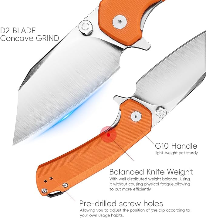 ioko Folding Pocket Knife, 3.5-Inch D2 Steel Blade, G10 Handle, EDC Camping Survival Knife with Clip (Orange)