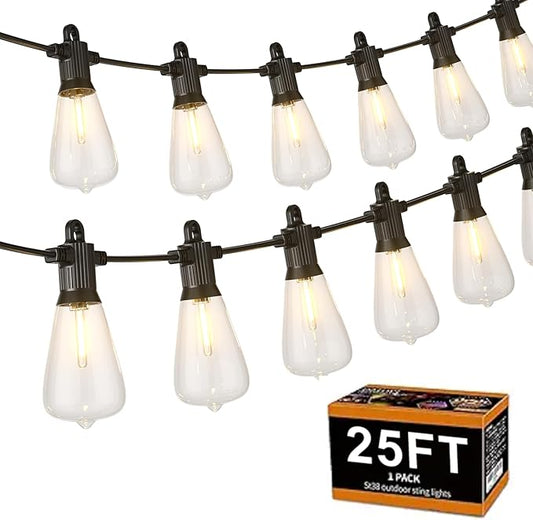 ZOTOYI Outoor String Lights， 25FT Waterproof Patio Lights with 13 (1 Spare) LED ST38 Vintage Edison Shatterproof Bulbs Outside Hanging Light for Backyard, Cafe, Porch, Gazebo Dimmable 2700K