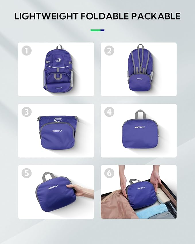 WATERFLY Hiking Foldable Daypack Backpack: 25L Ultra Lightweight Waterproof Day Pack for Woman Man - Small Compact Packable Folding Back Pack for Outdoor Sport Cycling Biking Travel Trip - Dark blue
