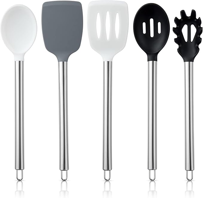 COOK WITH COLOR Silicone Cooking Utensils, Kitchen Utensil Set, Easy to Clean Silicone Kitchen Utensils, Cooking Utensils for Nonstick Cookware, Kitchen Gadgets Set, 5 Pieces, Black/White