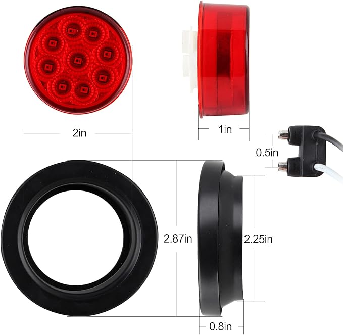 10Pcs 2 Inch Round Red LED Marker Lights 9 LED w/Reflectors, Multi Faceted 2 Inch Led Side Marker Clearance Lights Trailer Marker Lights Flush Mount w/Grommets and 2 Prong Pigtails