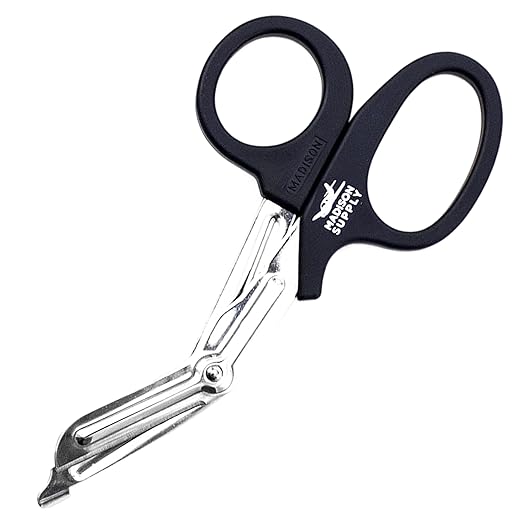 Madison Supply Medical Scissors, EMT and Trauma Shears - 7.5 Inch Premium Quality Stainless Steel Bandage Scissors - Fluoride-Coated with Non-Stick Blades - 1 Pack (Black/Stainless)