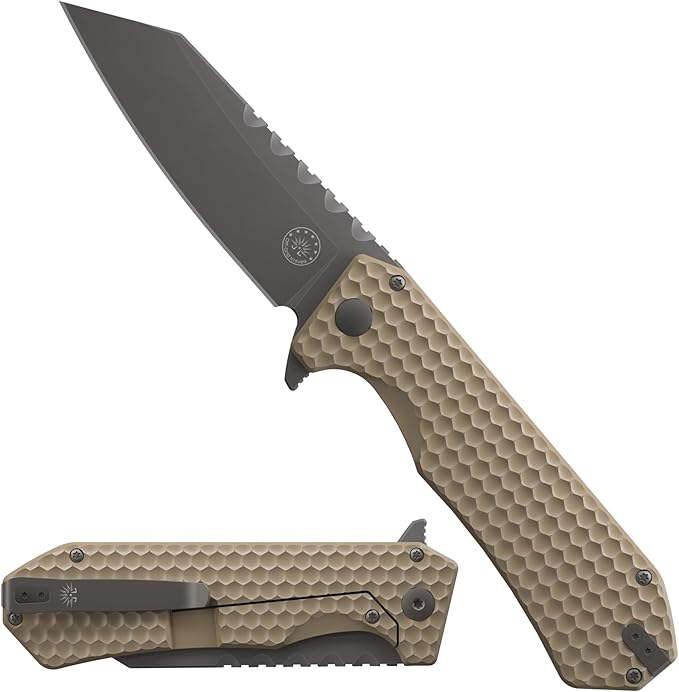 Off-Grid Knives - MAMBA V3, Large EDC Knife with MagnaCut Blade Steel, Titanium Scales and Hardware, Manual Ball Bearing Flipper, Four Finger Grip, Deep Pocket Carry (Coyote Gold)