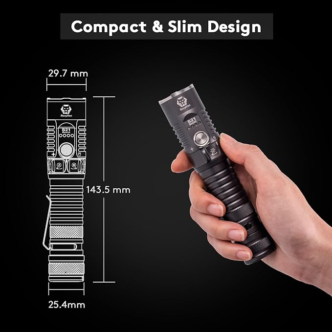 RovyVon Search S21 3000 Lumens Flashlight Super Bright, USB-C Rechargeable Mechanical Switch Pocket Spotlight Flashlights with 400 Meter Beam Distance, Magnetic Tail, IPX8 for Outdoors, Camping