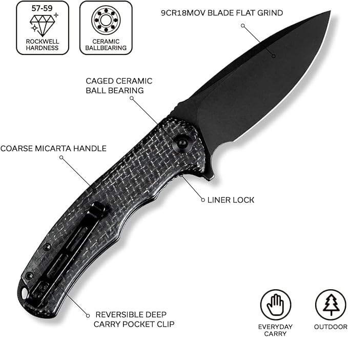 CIVIVI Folding Pocket Knife- Praxis Flipper Liner Lock Knife, 3.75" Black Stonewashed Blade with Micarta Handles, Reversible Clip for Everyday Carry Outdoor Use C803G