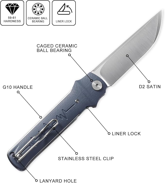 Petrified fish PFB04 Tena Folding Knife, 3.82" D2 Steel Satin Blade G10 Handle Pocket Folding knife for EDC Camping Outdoor (Gray Satin)