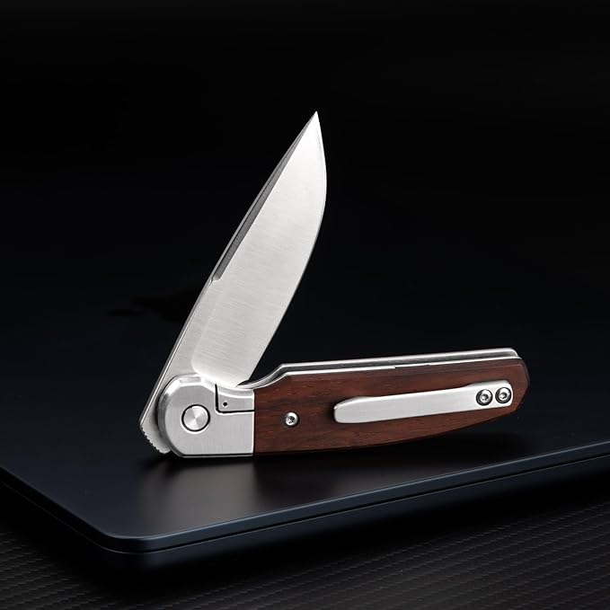 Small EDC Knife 2.8", Pocket Knife D2 Steel Point Blade Wood Handle - flipper Folding Knife for Men Women - Daily Carry Office Camping Hiking