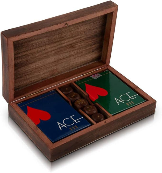 Birthday Gift Ideas Handcrafted Classic Wooden Playing Card Holder Deck Box Storage Case Organizer With Dice & Two Packs of Premium Quality 'Ace' Playing Cards For Men Women