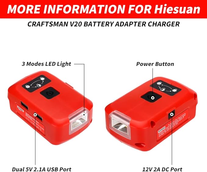 Battery Adapter Charger for Craftsman V20 Li-ion Battery, Power Source with 3W 140LM LED Light, 2 USB Ports, 12V DC Port Flashlight Worklight Outdoor Camping Lantern Light