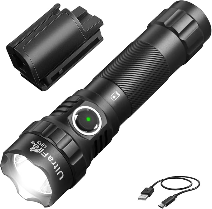 ULTRAFIRE Police Flashlight with Holster, 1200 High Lumen Law Enforcement Flashlight with Holster for Duty Belt, Tactical Flashlight with Belt Holder, Rechargeable Small LED Flash Light UF3