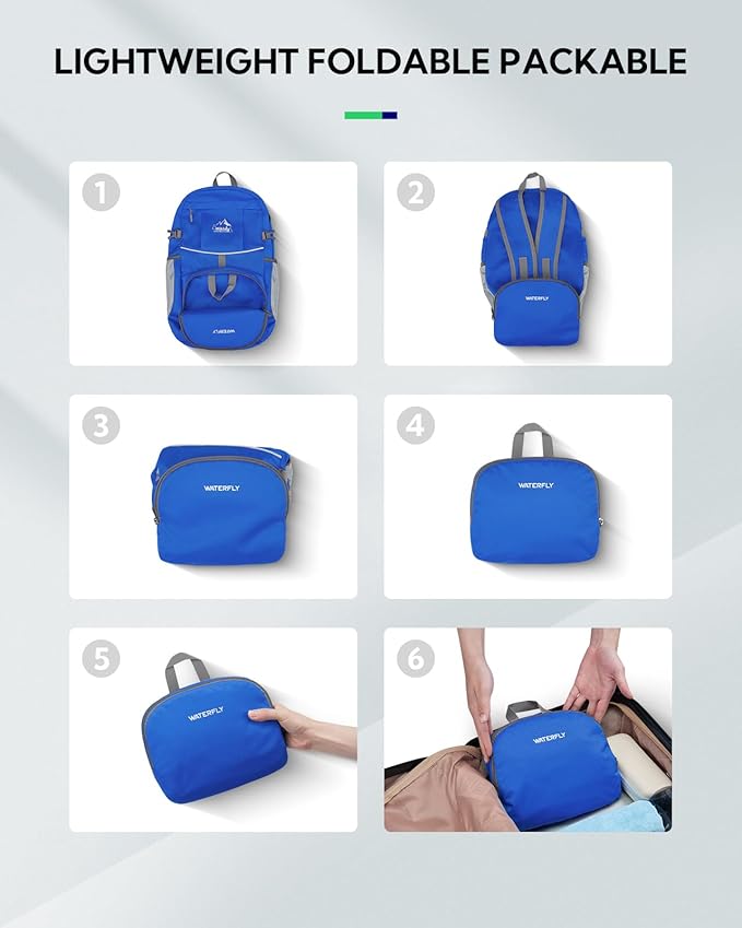 WATERFLY Hiking Foldable Daypack Backpack: 25L Ultra Lightweight Waterproof Day Pack for Woman Man - Small Compact Packable Folding Back Pack for Outdoor Sport Cycling Biking Travel Trip - Blue