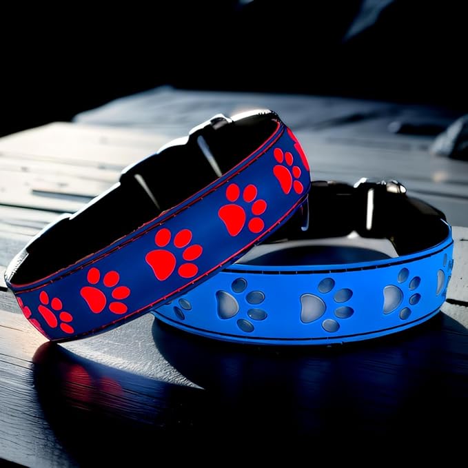 LED Light Up Dog Collar, USB-C Rechargeable, Multicolor Paw Print Design, 15 Modes Lighting Night Safety (Blue, S(7.87-11.8"))