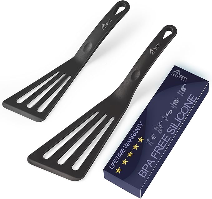 HOTEC 600??Heat Resistant Silicone Slotted Fish Turner Spatula Set, BPA Free Flipper Cooking Spatulas, for Non Stick Cookware Dishwasher Safe, Black