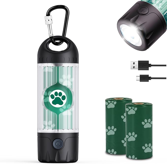 3-in-1 Dog Poop Bag Holder with Flashlight 7-Color, USB-C Rechargeable doggie bag holder for leash, IPX6 Waterproof Anti-Slip Clip Pet Waste Bag Dispenser for Walking (30 Bags Included)
