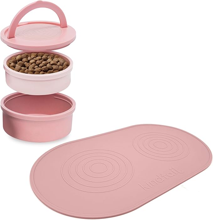 KindTail Pet Bowl Set + Silicone Pet Food Mat - Includes (2) Portable Pet Bowls with Lid & Handle + (1) Waterproof Pet Feeding Mat - Made from Food-Grade, Dishwasher-Safe Materials - BPA & Toxin-Free