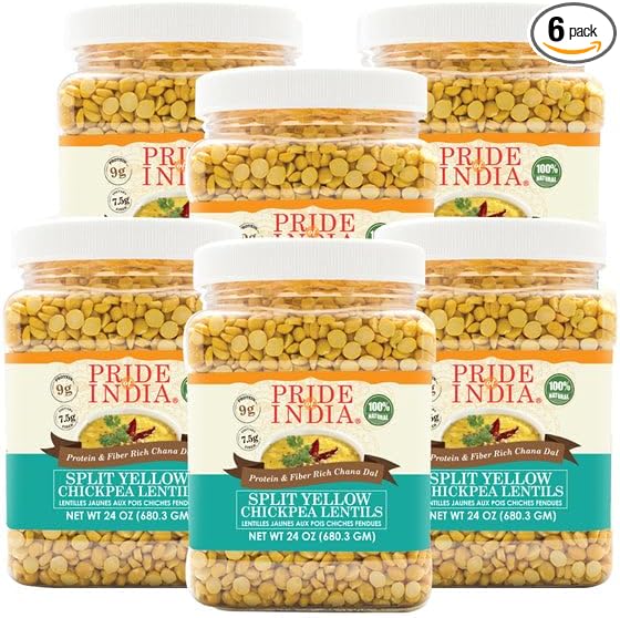 Pride Of India - PACK of 6 - Indian Split Yellow Chickpea Lentils - Protein & Fiber Rich Chana Dal, 1.5 Pound Jar