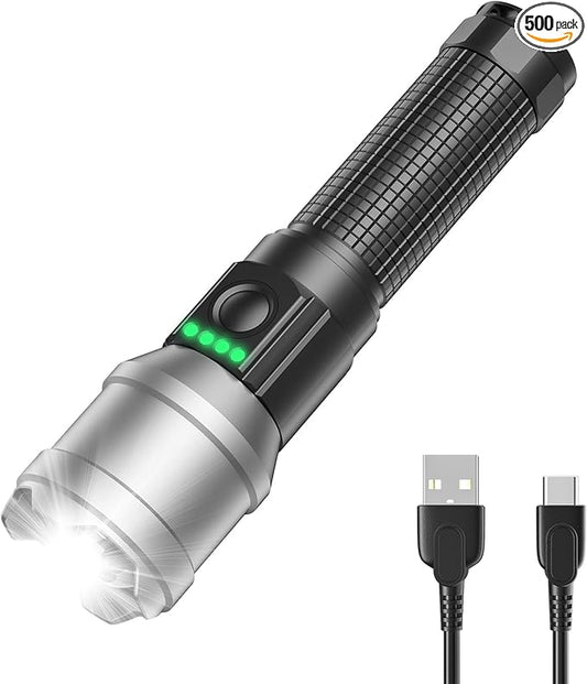Rechargeable Flashlight 10000 High Lumens, Super Bright Flashlight Compact, Flashlight Rechargeable USB-C Zoomable, 6 Modes Handheld Flashlight Suitable for Home Emergency, Outdoor, Hiking, Camping