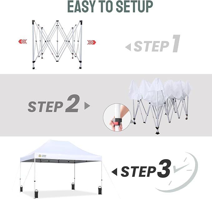 CROWN SHADES 10x15 Pop Up Canopy Tent, Thicken Frame Commercial Heavy Duty Tent, 8 Stakes & 4 Sandbags & 4 Ropes, Outdoor Canopies for Events, Parties,White