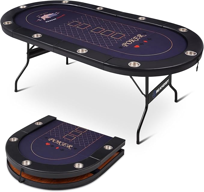 Poker Table Foldable, 8/10 Player Folding Poker Tables with Casino Grade Felt, Padded Rails & Cup Holders, Portable Poker Table for Texas Holdem (84 Inch-Black & Navy Blue)