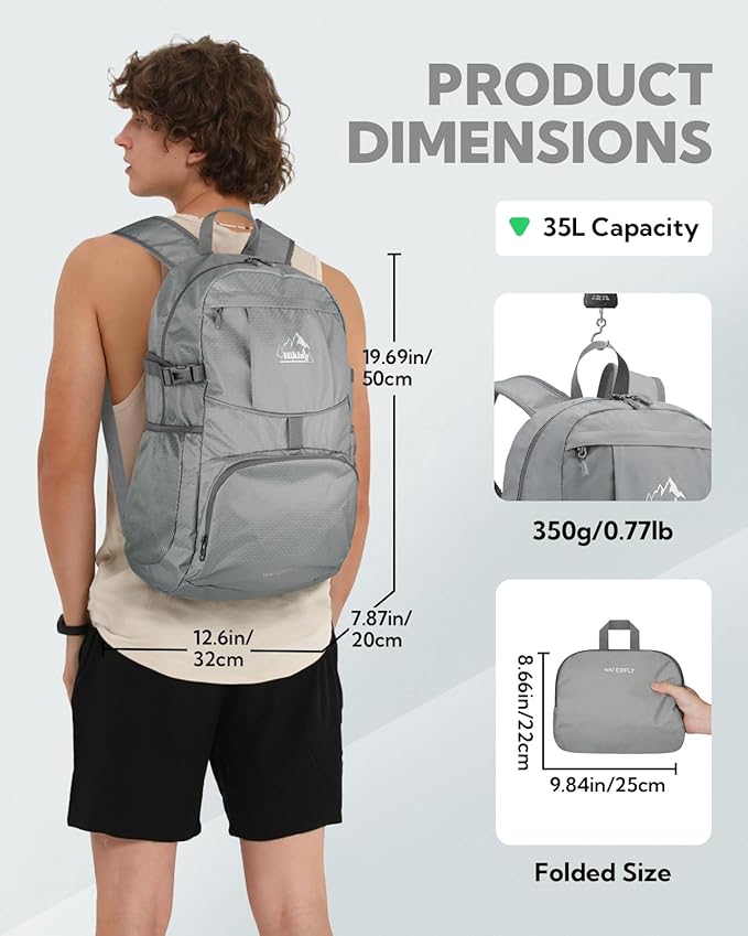 WATERFLY Hiking Foldable Daypack Backpack: 25/35L Ultra Lightweight Packable Waterproof Outdoor Travel Day Pack for Women Men