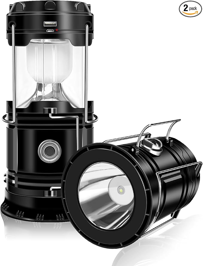 DIBMS 2-Pack Solar Camping Lantern, Collapsible LED Solar USB Rechargeable Lantern Flashlight Emergency Hanging Lights for Camping Hurricanes Power Outages Indoor Outdoor
