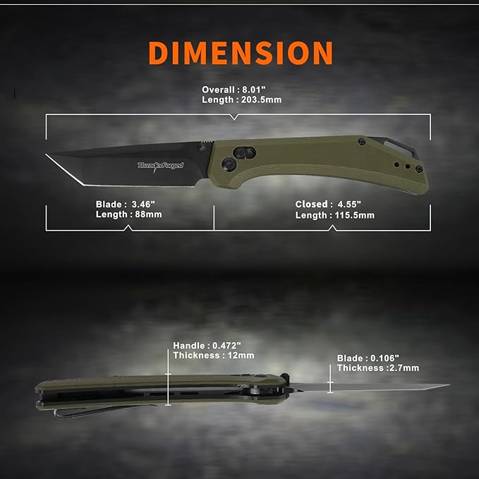 ThundeForged Camping Folding Knife - EDC Folding Knife with Crossbar Lock, 14C28N Steel Blade,Green G10 Handle Lightweight Tactical Pocket Knife for Camping Outdoor Survival Hiking