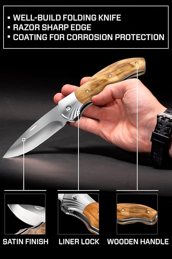 Grand Way Pocket Knife for Men with Wood Handle, Liner lock - Folding Sharp Blade 3.54" - Cool Knives for Camping EDC - Gifts for Dad Him - 6651