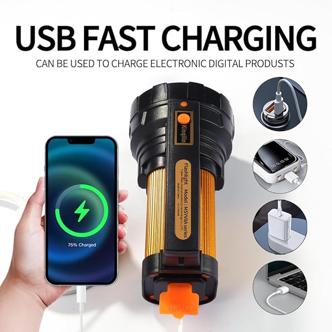 1200LM Rechargeable Spotlight Flashlight, IP67 Waterproof Handheld Flashlight with 3400mAh, 30H Runtime, USB Output, Led Spotlight with Shoulder Strap for Outdoor Camping Hunting Emergency