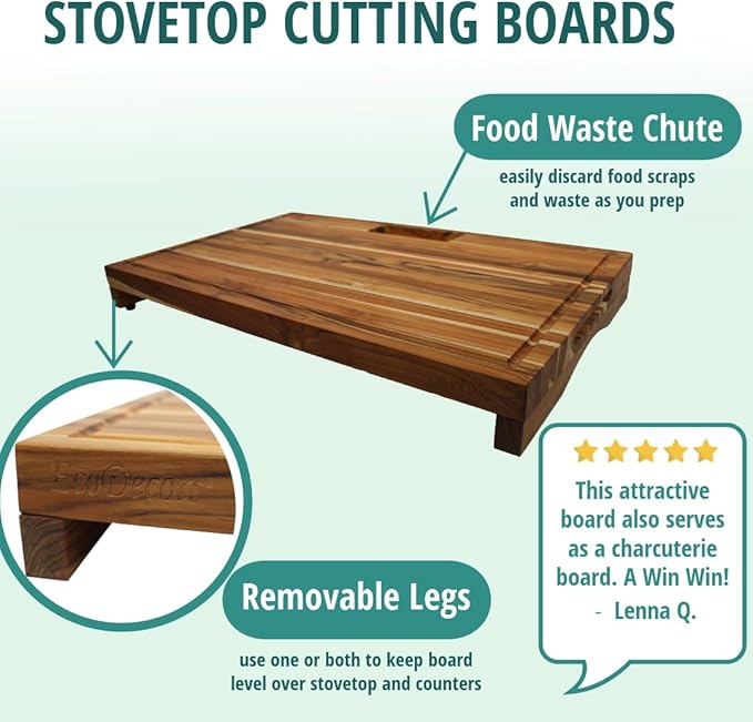 EcoDecors, Teak Edge Grain Cutting Board 29"x18", Solid FSC Teakwood Butcher Block with Juice Groove, Handles & Waste Chute, Large Cutting Board for Kitchen, Carving, and Stove-Top Prep