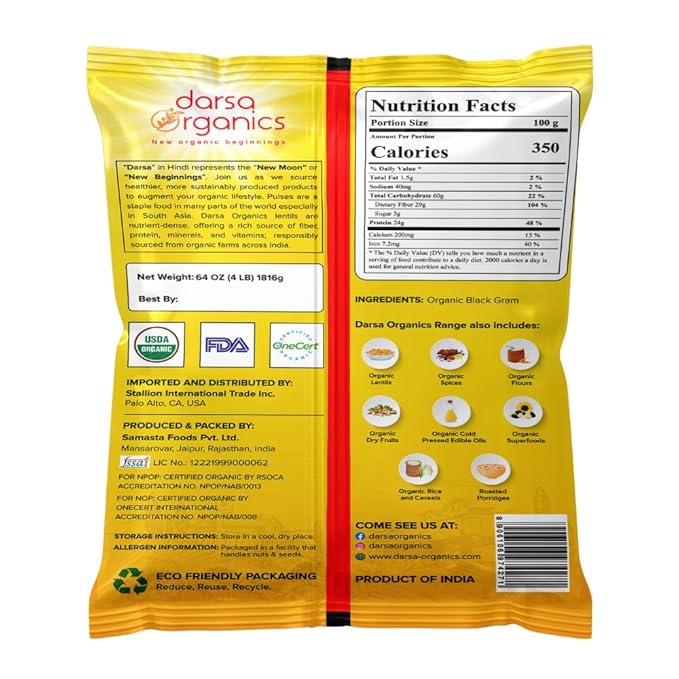 Darsa Organics Urad Whole Dal (Matpe Beans with Skin) 2lb, | USDA Organic, Non-GMO, Gluten-Free Dried Lentils, Kosher | Rich in Protein & Fiber