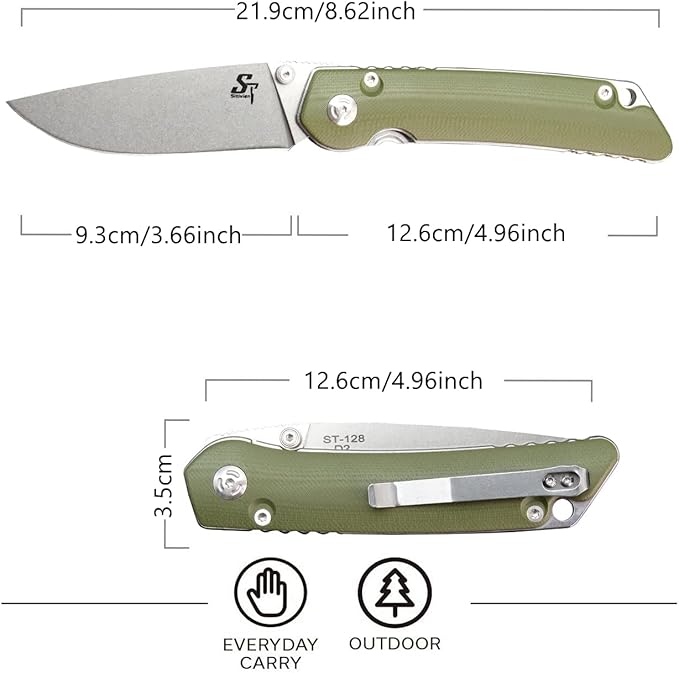 Sitivien ST128 Folding Knife,D2 Blade G10 Handle Safety Liner Lock EDC Tool Knife for Outdoor Hiking Camping-Army Green