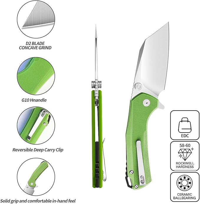 ioko Folding Pocket Knife, 3.5-Inch D2 Steel Blade, G10 Handle, EDC Camping Survival Knife with Clip (Green)