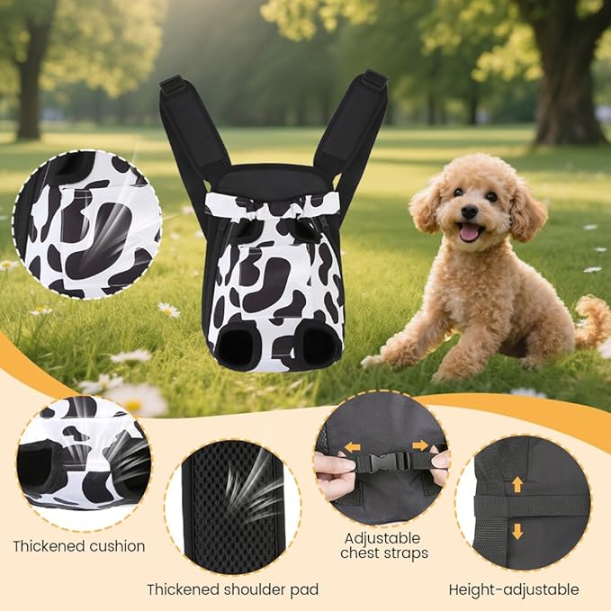 Inspack Dog Backpack Carrier/Cat Carrier, Adjustable Pet Front Carriers Travel Bag for Puppy Medium Dogs, Legs Out, Soft Ventilated Dog Chest Carry Backpacks for Hiking/Camping, 10-16 lbs, Cow Print