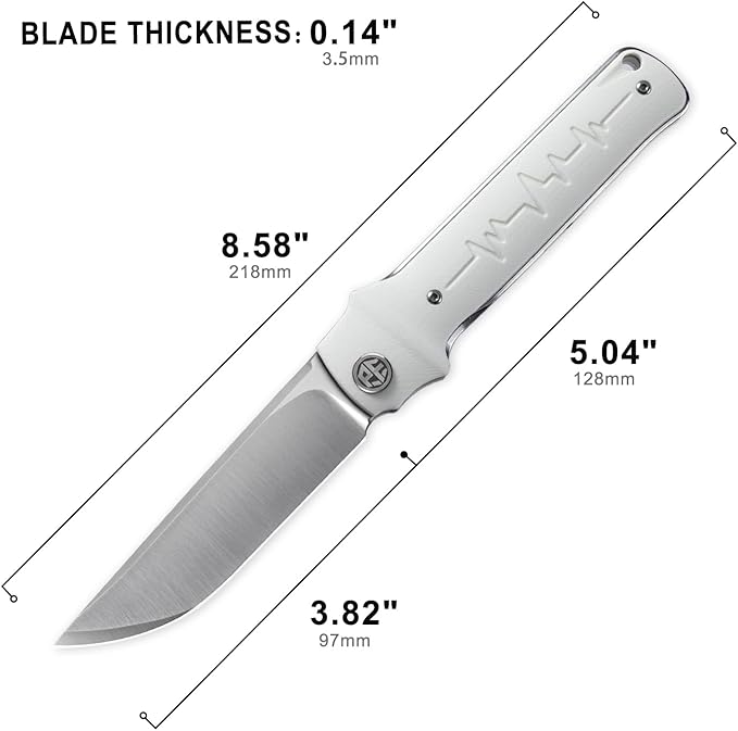 Petrified fish PFB04 Tena Folding Knife, 3.82" D2 Steel Satin Blade G10 Handle Pocket Folding knife for EDC Camping Outdoor (White Satin)