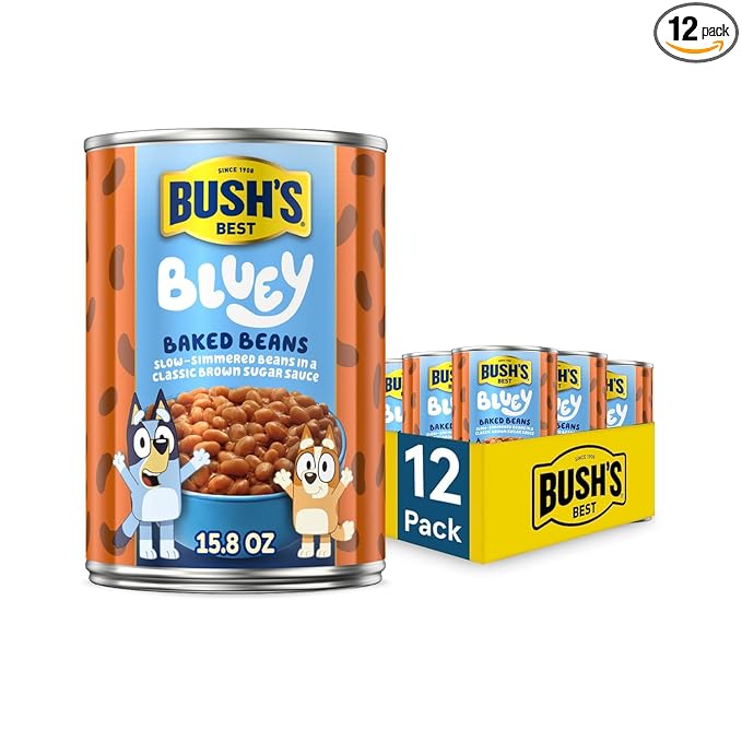 BUSH'S BEST 15.8 oz Canned Bluey Original Baked Beans, Source of Plant Based Protein and Fiber, Low Fat, Gluten Free, (Bluey), (Pack of 12)