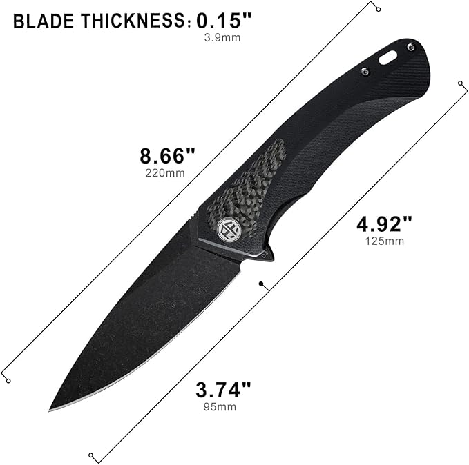 Petrified fish PF838,3.74" Black Stonewashed D2 Blade,166.6g Carbon fiber & G10 Handle Flipper Folding Knife