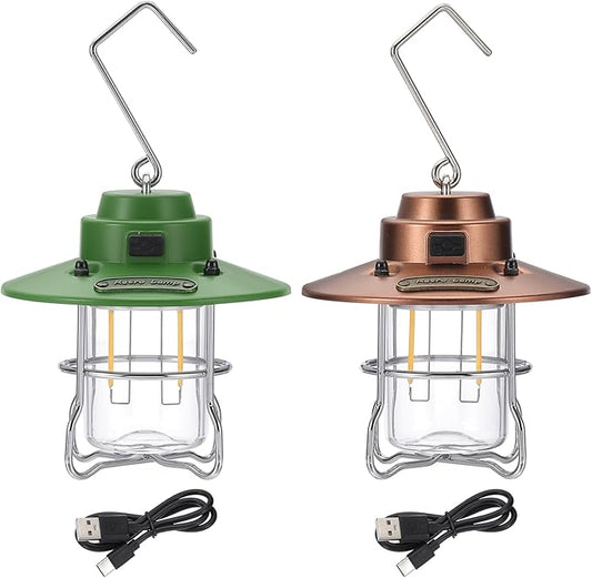 PATIKIL LED Camping Lantern, 2 Pack Vintage Rechargeable Lantern 3 Light Modes Portable Hanging Outdoor Tent Light for Camping Hiking Fishing, Green, Copper 3.66 Inch