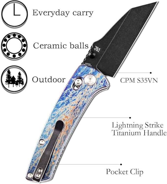 KANSEPT Elite Main Street Pocket Knife, 3.36'' Blackwash 20CV Sharp Blade, Lightning Strike Titanium Handle with Axis Lock and Thumb Stud, Perfect Clip for EDC, Camping Survival Folding knives K1015M2