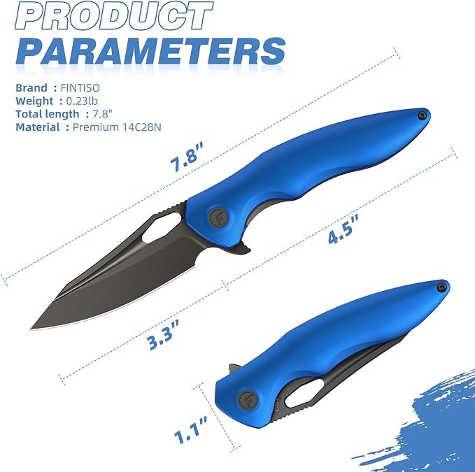 FINTISO Apollo Pocket Knife, 3.3" 14C28N Blade Aluminum Alloy Handle Folding Knife with Liner Lock, EDC Knife with Pocket Clip for Camping, Survival, Hunting, Unique Gift for Men Women