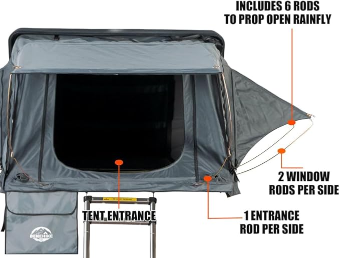 BIVVYY V2 Rooftop Hard Shell, Vehicle Mounted Pop Up Hardshell Roof Top Tent, Side Open Rooftop Tent with Rainflys for Van SUV Truck (3 Person)