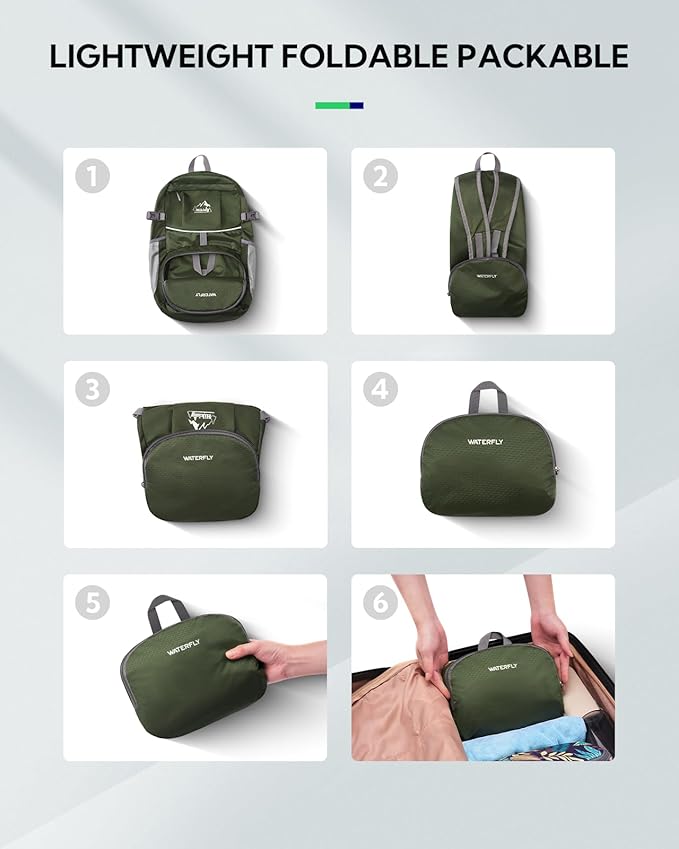 WATERFLY Hiking Foldable Daypack Backpack: 25L Ultra Lightweight Waterproof Day Pack for Woman Man - Small Compact Packable Folding Back Pack for Outdoor Sport Cycling Biking Travel Trip - Green